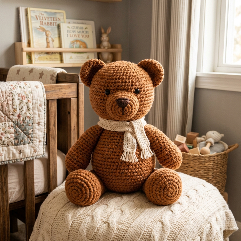 Gift-wrapped crochet plushie teddy bear