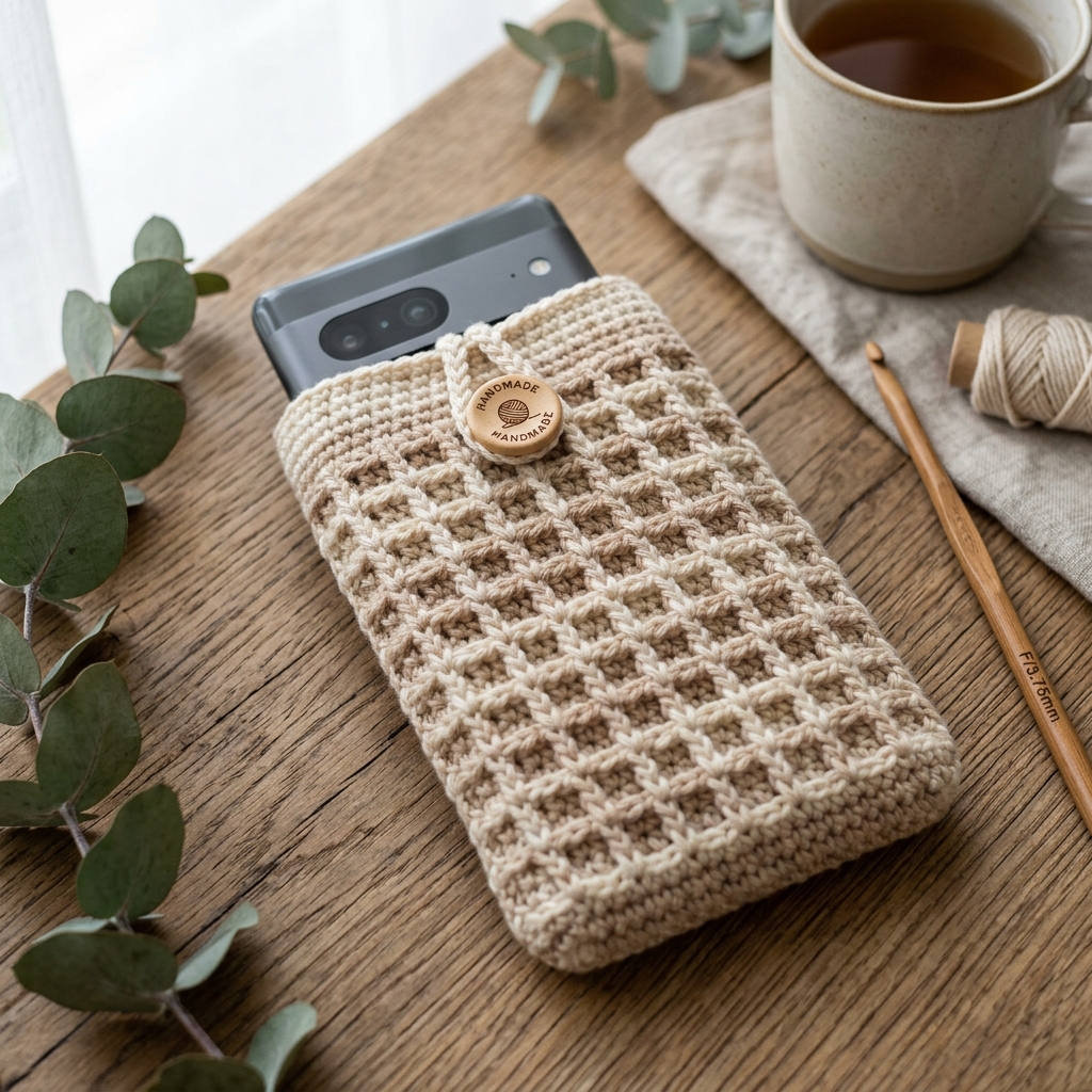 Crochet phone sleeve illustrating handcrafting process