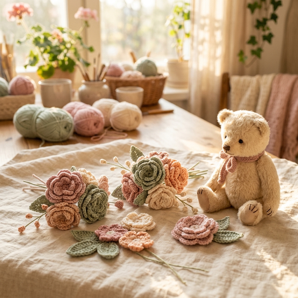 Handmade crochet gifts arranged by BloomyCocoon